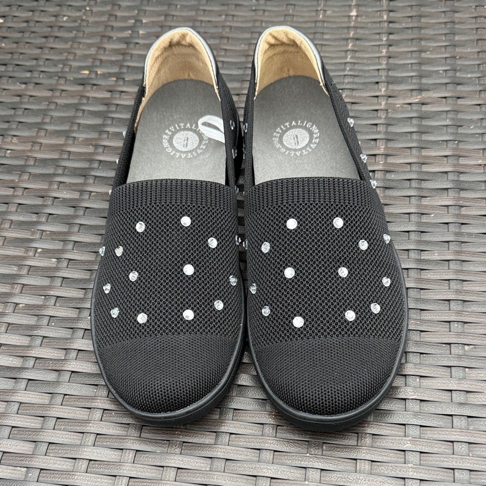REVITALIGN Black Slip-On Flats with Rhinestone Accents